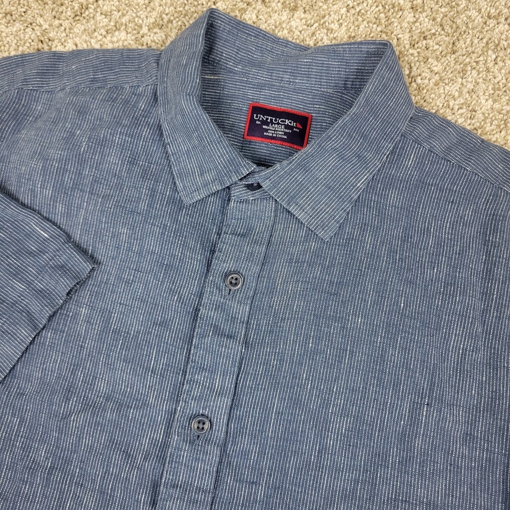 Untuckit Wrinkle Resistant Mens Large Blue Striped Button Up SS 100% Linen